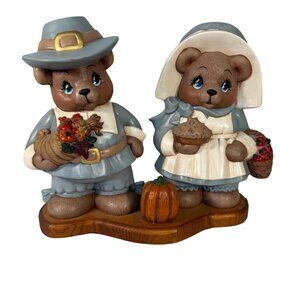 Handpainted Pilgrim Bear Figurines Thanksgiving Fall Decoration Wood Base